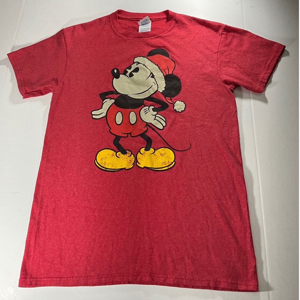 Disney Mickey Mouse Santa Hat Christmas Red Heather T-Shirt Mens Small Delta